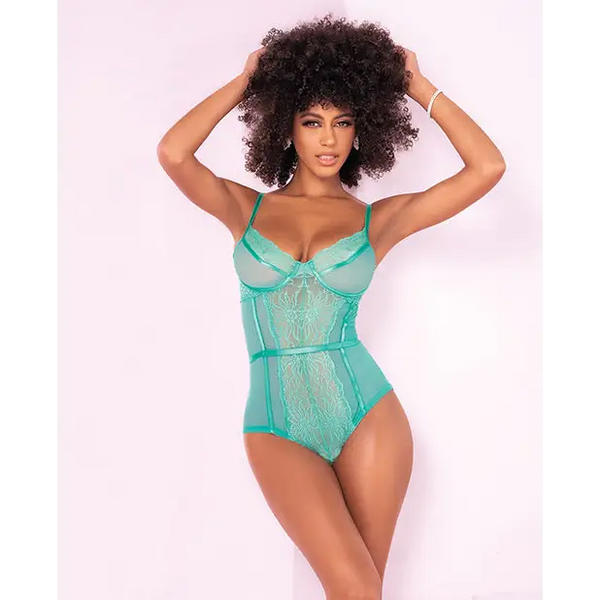 Floral Lace Peek A Boo Open Back Teddy Aqua S/M - Lingerie - Packaged