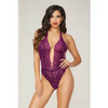 Floral Lace Teddy w/Halter Satin Ribbon Ties & Snap Crotch Purple O/S - Lingerie - Packaged