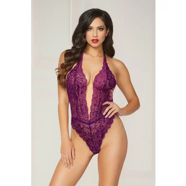 Floral Lace Teddy w/Halter Satin Ribbon Ties & Snap Crotch Purple O/S - Lingerie - Packaged