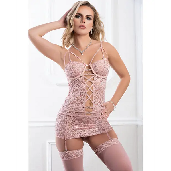 Floral Lace Underwire Mini Dress Thong & Stockings Deep Rose O/S - Lingerie - Packaged