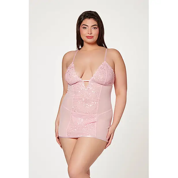 Floral Mesh Chemise & G-String Pink 3X/4X - Lingerie - Plus/Queen - Hanging