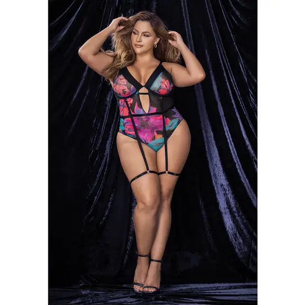 Flower Print Mesh Underwire Teddy w/Detachable Garter Straps Multi Color 3X/4X - Lingerie - Plus/Queen - Packaged