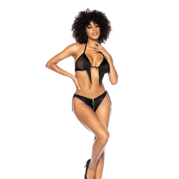 Fringe Halter Top & Open Back Bottom w/Front Zipper Black S/M - Lingerie - Packaged