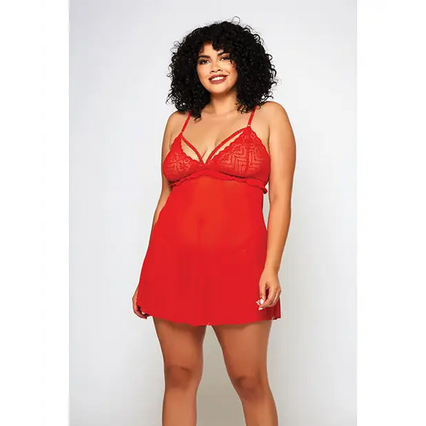 Galloon Lace & Fine Mesh Babydoll & G-String Red 3X - Lingerie - Plus/Queen - Hanging
