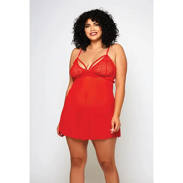 Galloon Lace & Fine Mesh Babydoll & G-String Red 3X - Lingerie - Plus/Queen - Hanging