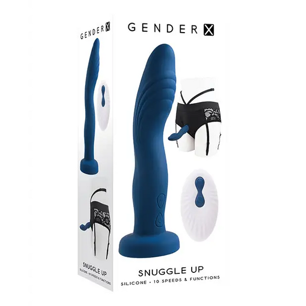 Gender X Snuggle Up Dual Motor Strap On Vibe w/Harness - Blue - Strap Ons