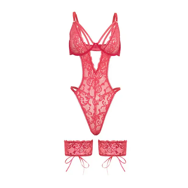 Genesis Lace Underwire Teddy w/Lace Garter Stays - Raspberry S/M - Lingerie - Hanging