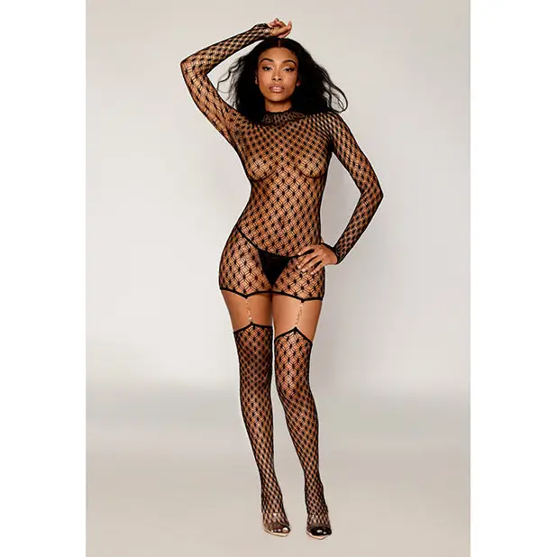 Geometric Fence Net Turtleneck Garter Dress w/Stockings - Black O/S - Lingerie - Packaged