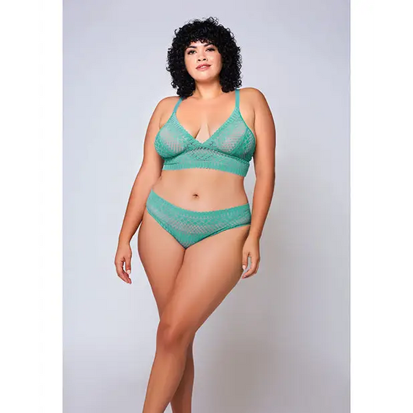 Geometric Lace Bralette & Hipster Teal 1X - Lingerie - Plus/Queen - Hanging