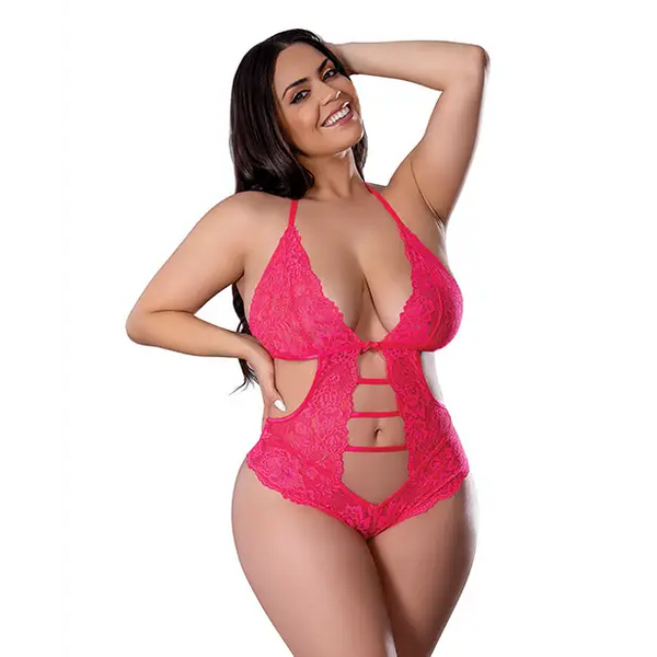 Get It Girl Lace Halter Teddy w/Snap Crotch - Pink QN - Lingerie - Plus/Queen - Packaged