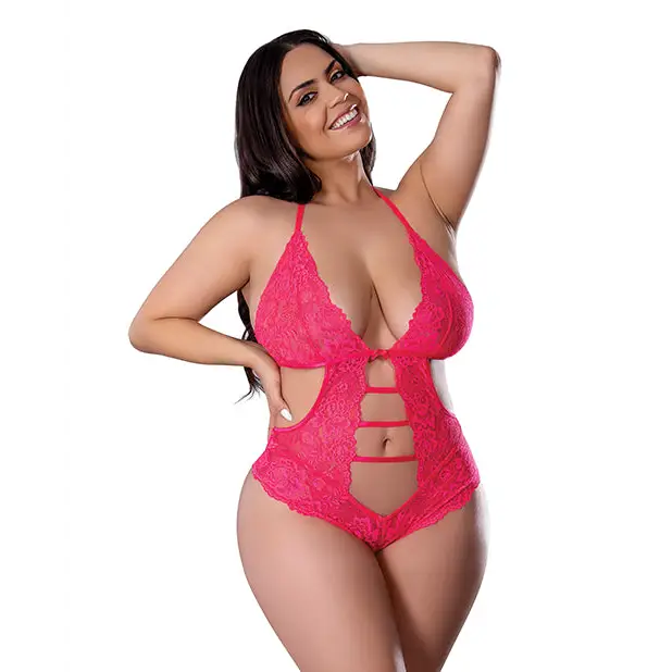Get It Girl Lace Halter Teddy w/Snap Crotch - Pink QN - Lingerie - Plus/Queen - Packaged