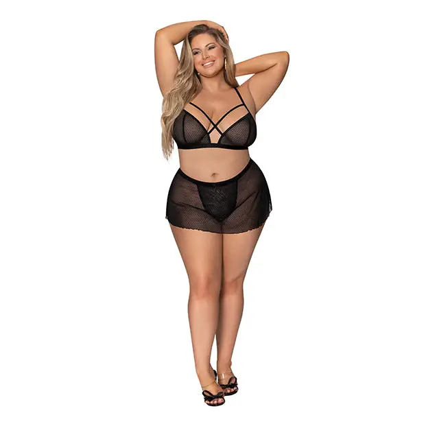Girl Next Door Strappy Bralette w/Flirty Thong Skirt Black 2X - Lingerie - Plus/Queen - Packaged
