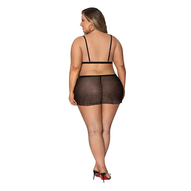 Girl Next Door Strappy Bralette w/Flirty Thong Skirt Black 2X - Lingerie - Plus/Queen - Packaged