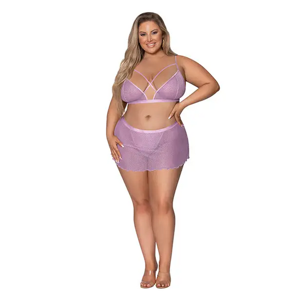 Girl Next Door Strappy Bralette w/Flirty Thong Skirt Lilac 2XL - Lingerie - Plus/Queen - Packaged