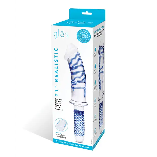 Glas 11’’ Realistic Double Ended Glass Dildo w/Handle - Blue - Dongs & Dildos