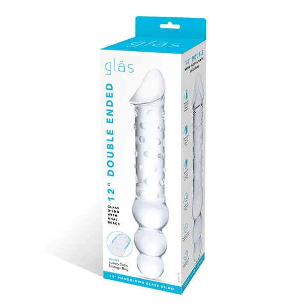 Glas 12’’ Double Ended Glass Dildo w/Anal Beads - Clear - Dongs & Dildos