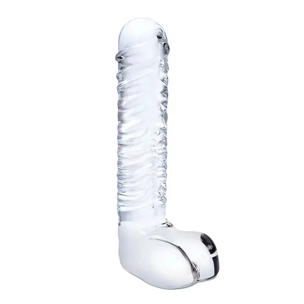 Glas 8’’ Realistic Ribbed Glass G-Spot Dildo w/Balls - Clear - Dongs & Dildos