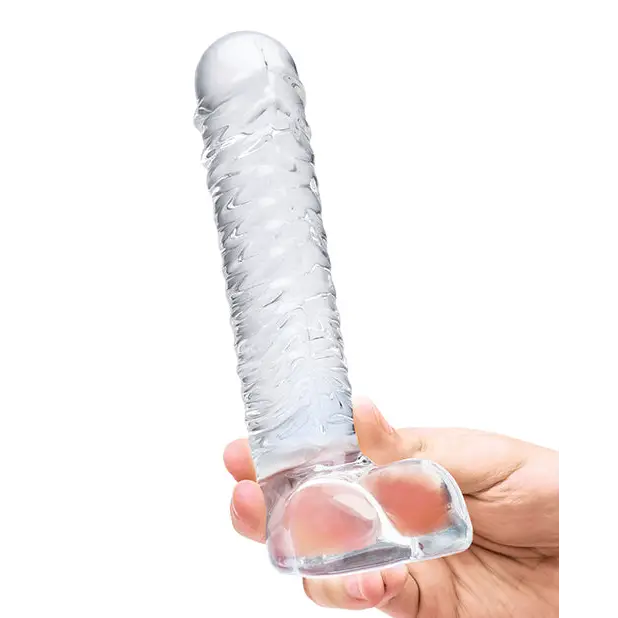 Glas 8’’ Realistic Ribbed Glass G-Spot Dildo w/Balls - Clear - Dongs & Dildos