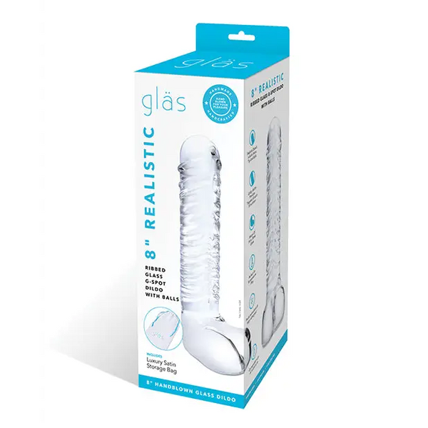 Glas 8’’ Realistic Ribbed Glass G-Spot Dildo w/Balls - Clear - Dongs & Dildos