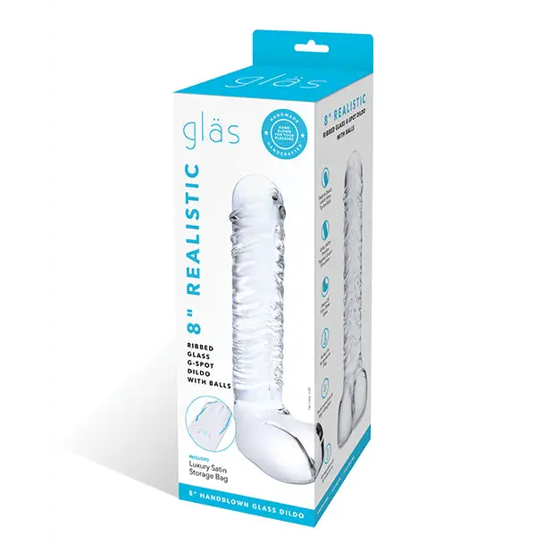 Glas 8’’ Realistic Ribbed Glass G-Spot Dildo w/Balls - Clear - Dongs & Dildos