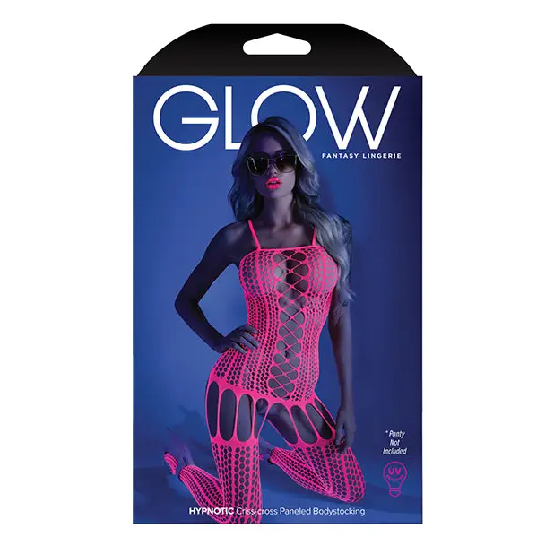 Glow Black Light Criss Cross Paneled Bodystocking Neon Pink O/S - Lingerie - Packaged