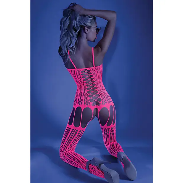 Glow Black Light Criss Cross Paneled Bodystocking Neon Pink O/S - Lingerie - Packaged