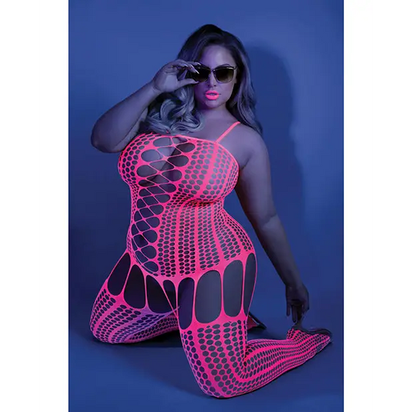 Glow Black Light Criss Cross Paneled Bodystocking Neon Pink QN - Lingerie - Plus/Queen - Packaged
