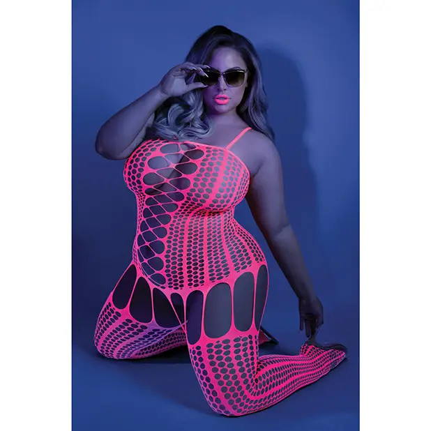 Glow Black Light Criss Cross Paneled Bodystocking Neon Pink QN - Lingerie - Plus/Queen - Packaged