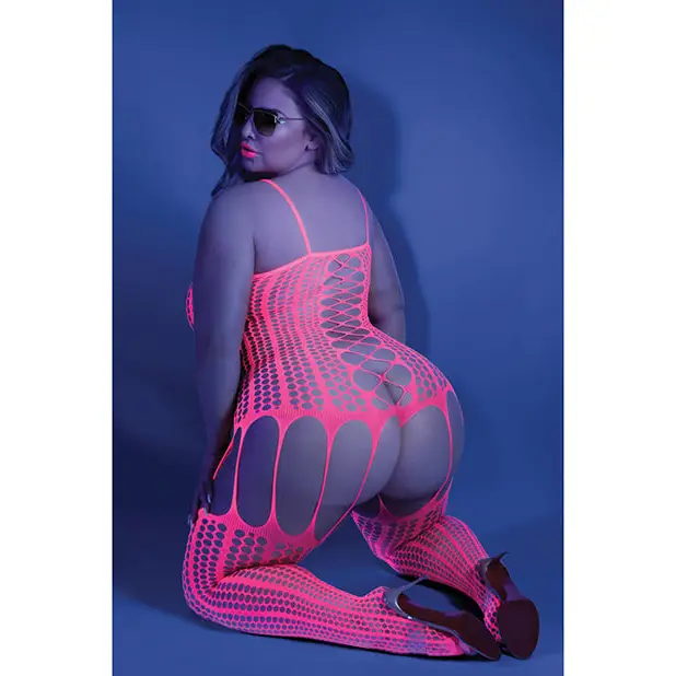 Glow Black Light Criss Cross Paneled Bodystocking Neon Pink QN - Lingerie - Plus/Queen - Packaged