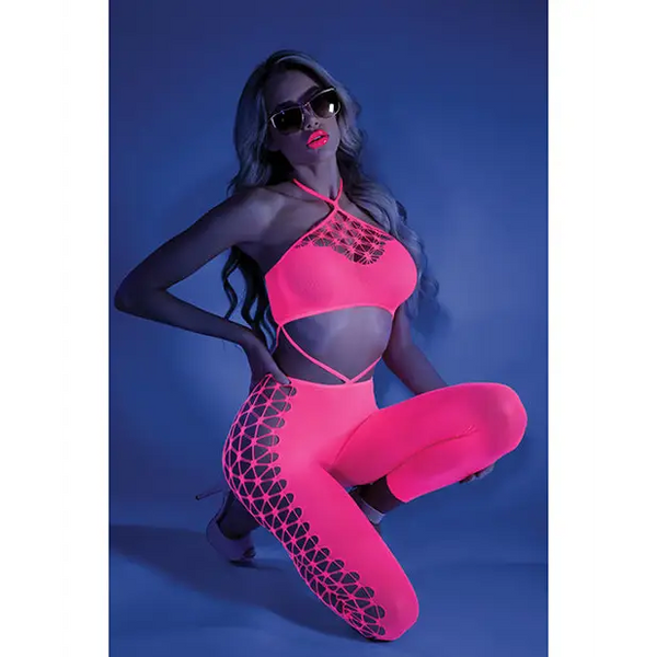 Glow Black Light Cropped Cutout Halter Bodystocking Neon Pink O/S - Lingerie - Packaged