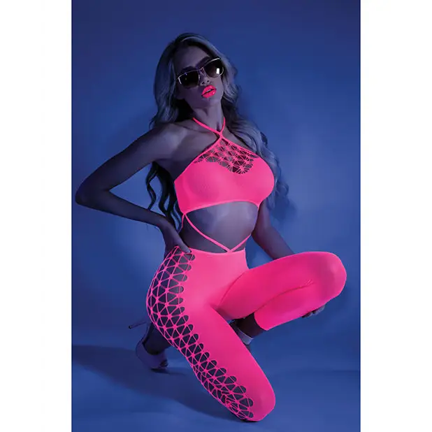 Glow Black Light Cropped Cutout Halter Bodystocking Neon Pink O/S - Lingerie - Packaged