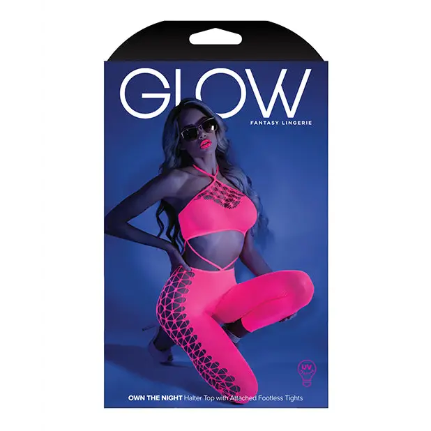 Glow Black Light Cropped Cutout Halter Bodystocking Neon Pink O/S - Lingerie - Packaged