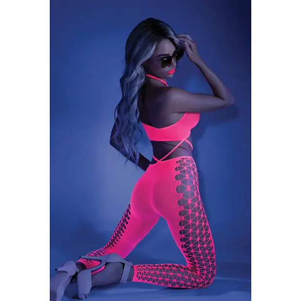 Glow Black Light Cropped Cutout Halter Bodystocking Neon Pink O/S - Lingerie - Packaged