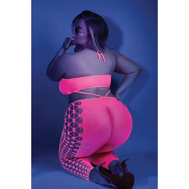 Glow Black Light Cropped Cutout Halter Bodystocking Neon Pink QN - Lingerie - Plus/Queen - Packaged