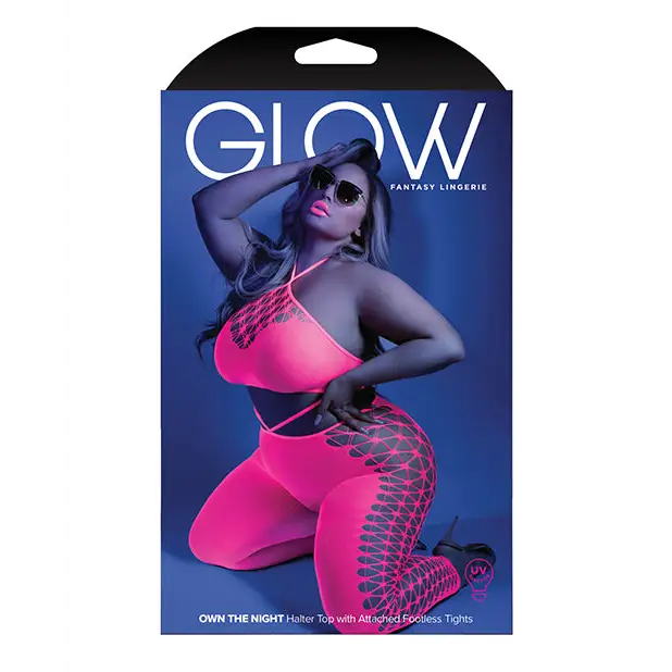 Glow Black Light Cropped Cutout Halter Bodystocking Neon Pink QN - Lingerie - Plus/Queen - Packaged