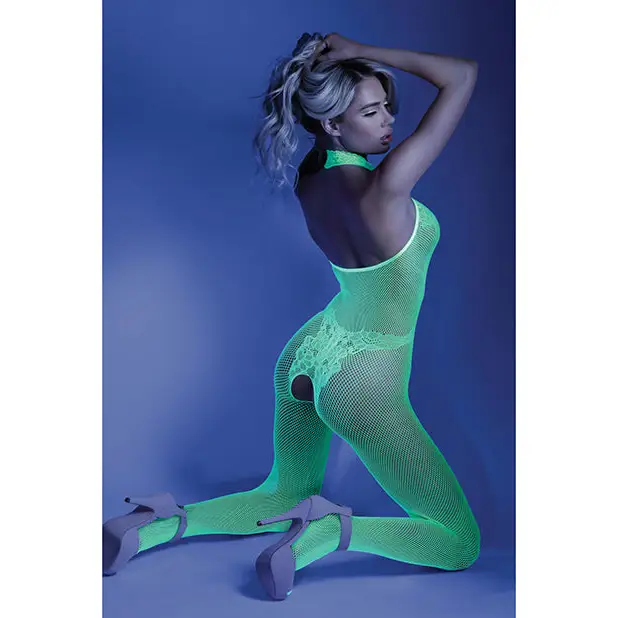 Glow Black Light Crotchless Bodystocking Neon Green O/S - Lingerie - Packaged