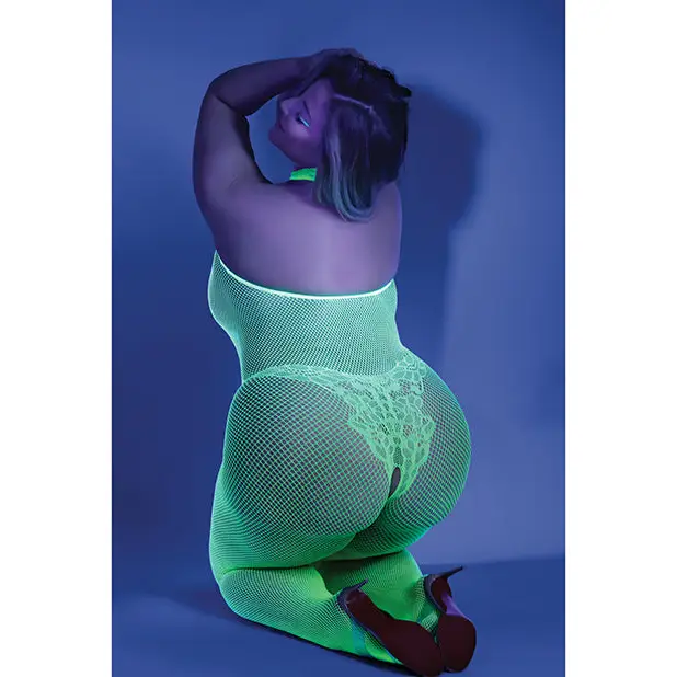 Glow Black Light Crotchless Bodystocking Neon Green QN - Lingerie - Plus/Queen - Packaged