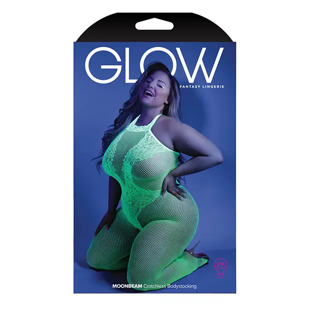 Glow Black Light Crotchless Bodystocking Neon Green QN - Lingerie - Plus/Queen - Packaged