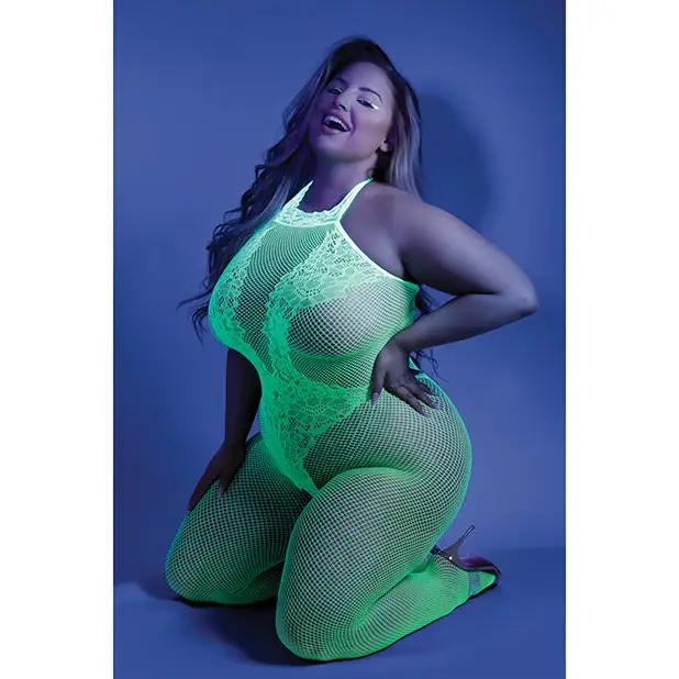 Glow Black Light Crotchless Bodystocking Neon Green QN - Lingerie - Plus/Queen - Packaged