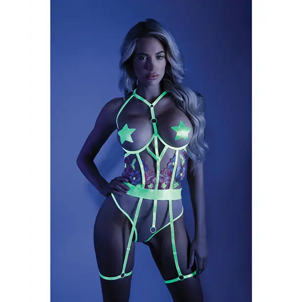 Glow Black Light Embroidered Cupless Garter Teddy (Pasties Not Included) Neon Chartreuse L/XL - Lingerie - Packaged