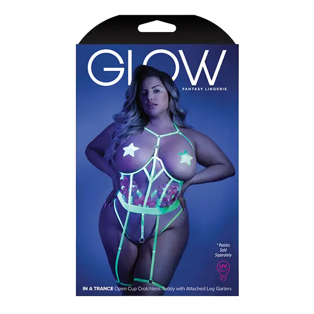 Glow Black Light Embroidered Cupless Garter Teddy (Pasties Not Included) Neon Chartreuse QN - Lingerie - Plus/Queen