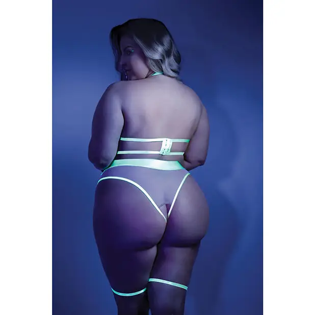 Glow Black Light Embroidered Cupless Garter Teddy (Pasties Not Included) Neon Chartreuse QN - Lingerie - Plus/Queen