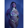 Glow Black Light Embroidered Harness Bra Leg Garterbelt & G-String Neon Chartreuse QN - Lingerie - Plus/Queen - Packaged