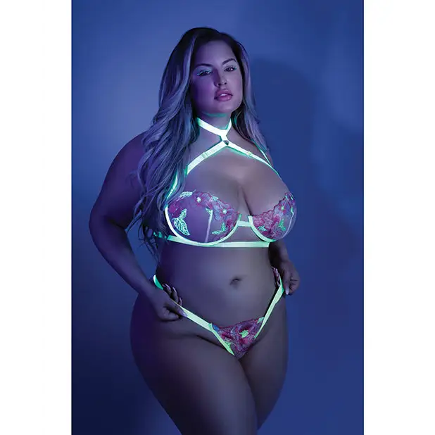 Glow Black Light Embroidered Harness Bra Leg Garterbelt & G-String Neon Chartreuse QN - Lingerie - Plus/Queen - Packaged