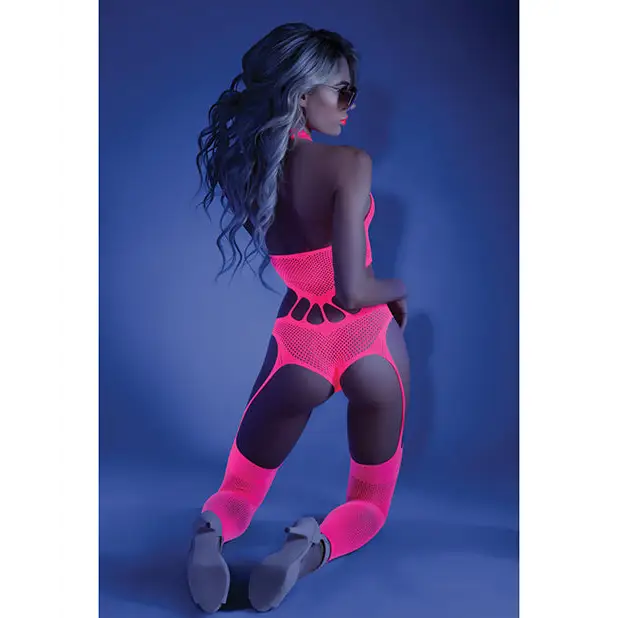 Glow Black Light Footless Teddy Bodystocking Neon Pink O/S - Lingerie - Packaged