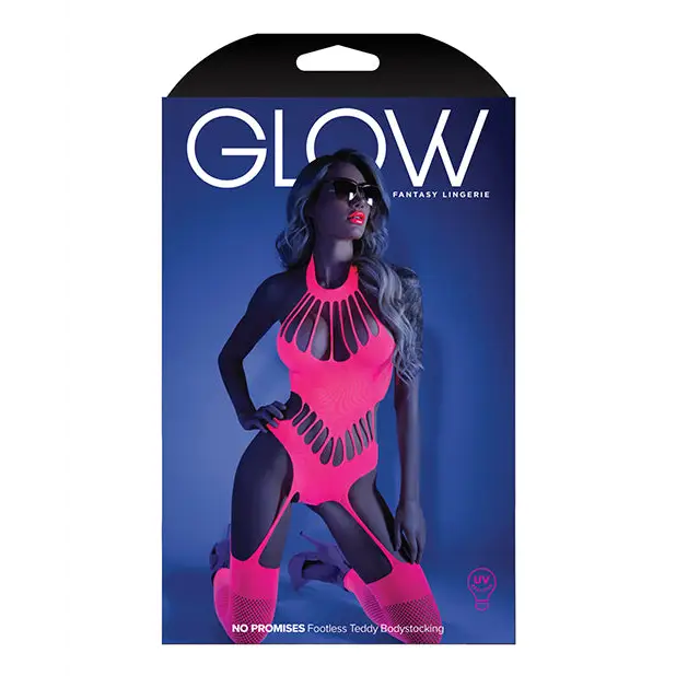 Glow Black Light Footless Teddy Bodystocking Neon Pink O/S - Lingerie - Packaged