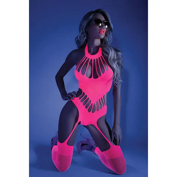 Glow Black Light Footless Teddy Bodystocking Neon Pink O/S - Lingerie - Packaged