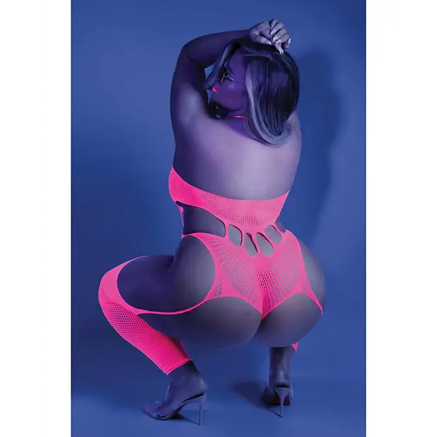 Glow Black Light Footless Teddy Bodystocking Neon Pink QN - Lingerie - Plus/Queen - Packaged