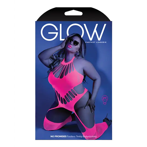 Glow Black Light Footless Teddy Bodystocking Neon Pink QN - Lingerie - Plus/Queen - Packaged