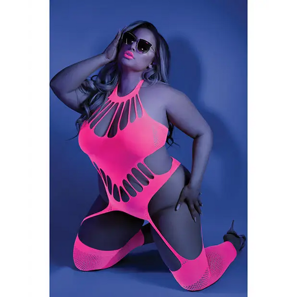 Glow Black Light Footless Teddy Bodystocking Neon Pink QN - Lingerie - Plus/Queen - Packaged